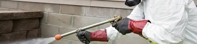 Pest control technician applying exterior insect treatment along a home foundation in Ann Arbor, MI