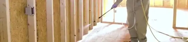 Termite treatment technician applying spray along framing and unfinished walls in Ann Arbor, MI