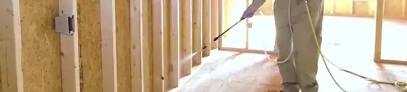 Termite treatment technician applying spray along framing and unfinished walls in Ann Arbor, MI